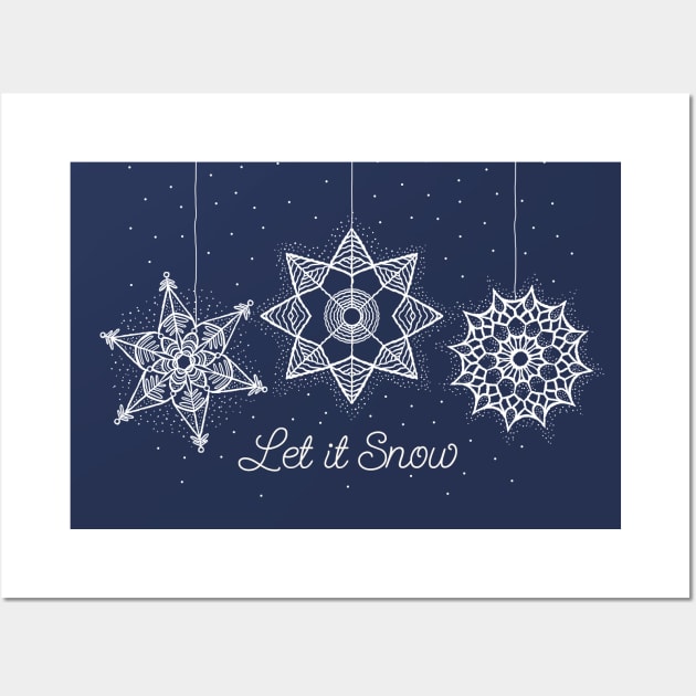 Let it Snow Christmas white snowflake illustration. Hand-drawn macrame snowflakes trendy illustration. Wall Art by ChrisiMM